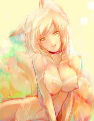 1girl :p animal_ears blonde_hair breasts brown_eyes chain collar curvy dearmybrothers female_focus fox_ears fox_tail groin head_tilt highres large_breasts leash looking_at_viewer multiple_tails nipples no_headwear nude seductive_smile short_hair sitting smile solo tail tongue tongue_out touhou yakumo_ran rating:Questionable score:66 user:danbooru