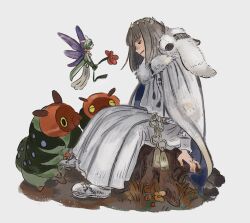  1boy animal animal_on_shoulder belt black_eyes bug cape caterpillar closed_mouth commentary_request crown fairy fate/grand_order fate_(series) from_side full_body fur-trimmed_cape fur_trim grey_hair half-closed_eyes highres insect kebe6p long_sleeves looking_at_animal medium_hair moth oberon_(fate) oversized_animal profile robe shoes simple_background sitting sitting_on_tree_stump sleeve_cuffs solo tree_stump white_background white_belt white_cape white_footwear white_robe 
