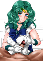 1boy 1girl artist_request bar_censor bishoujo_senshi_sailor_moon blue_eyes blush breast_hold breasts censored choker closed_mouth clothed_female_nude_male collarbone covered_erect_nipples dark-skinned_male dark_skin eyebrows gloves green_hair half-closed_eyes handjob head_out_of_frame hetero jewelry kaiou_michiru large_breasts long_hair looking_at_viewer nude out_of_character penis sailor_neptune school_uniform serafuku short_sleeves smile solo_focus source_request tiara veins veiny_penis white_gloves rating:Explicit score:15 user:danbooru