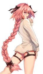  1boy absurdres androgynous ass astolfo_(fate) back black_bow black_ribbon bow braid centmeter collared_shirt cowboy_shot dress_shirt fang fate/apocrypha fate_(series) from_behind garter_straps hair_between_eyes hair_bow hair_intakes hair_ornament hair_ribbon hand_to_own_mouth hand_up highres legs_apart long_hair long_sleeves looking_at_viewer looking_back male_focus open_mouth pink_hair purple_eyes ribbon shirt simple_background single_braid skin_fang sleeves_past_wrists sweatdrop thigh_strap trap very_long_hair white_background white_shirt  rating:Sensitive score:46 user:danbooru