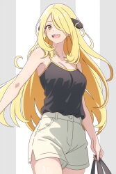  1girl :d alternate_costume asairosora bare_arms blonde_hair blush breasts cleavage commentary_request creatures_(company) cynthia_(pokemon) earrings eyelashes game_freak hair_ornament happy highres holding jewelry long_hair nintendo open_mouth pokemon pokemon_dppt shirt shorts sleeveless sleeveless_shirt smile solo teeth upper_teeth_only 