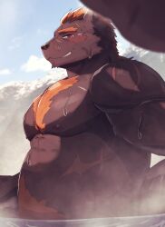  1boy animal_ears bara barguest_(housamo) bear_boy bear_ears belly blurry blurry_foreground blush brown_fur chest_tuft foreshortening from_side furry furry_male highres huge_eyebrows large_pectorals looking_back male_focus mature_male muscular muscular_male nipples onsen orange_hair pectorals plump profile short_hair sideways_glance solo steam suna_sand1 tokyo_houkago_summoners upper_body wet 