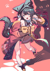 &lt;|&gt;_&lt;|&gt; 1girl :3 adjusting_clothes adjusting_headwear animal_ear_headwear animal_ears atelier_(series) atelier_resleriana black_hair brown_footwear cat_day cat_ears cat_girl cat_tail commentary_request different_shadow fake_animal_ears grey_eyes highres izana_kokoschka long_hair looking_at_viewer official_art open_mouth paw_print shorts solo standing standing_on_one_leg tail umiu_geso 