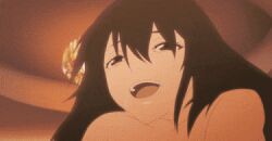  1girl animated animated_gif bed_sheet black_eyes black_hair black_rock_shooter:_dawn_fall chandelier fainting lowres nude saliva tears 