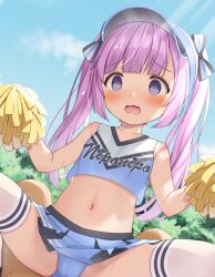  1boy 1girl @_@ arms_up blue_buruma blue_shirt blue_skirt blush buruma cameltoe cheerleader clothed_female_nude_male cloud commentary_request embarrassed loli long_hair midriff miniskirt navel nude open_mouth original outdoors pink_hair pom_pom_(cheerleading) pov pov_crotch ribbon shirona_mikoto shirt sitting sitting_on_person skirt sky sleeveless sleeveless_shirt spread_legs stomach thighhighs thighs twintails visor_cap white_thighhighs  rating:Explicit score:67 user:danbooru