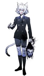 1boy 1other absurdres androgynous animal_ears blood blood_on_clothes blood_on_face blood_on_hands burgerxhunter cat_ears cat_tail curly_hair disembodied_head fingernails full_body gon-san gon_freecss highres holding_head hunter_x_hunter long_sleeves neferpitou other_focus red_eyes sharp_fingernails short_hair simple_background smile solo tail white_background white_hair 