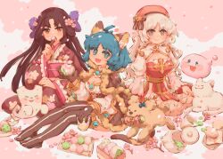  3girls :3 :d ahoge animal_ears arch_bishop_(ragnarok_online) beret black_gloves black_thighhighs blue_eyes blue_hair blush bow breasts brown_bow brown_eyes brown_hair brown_kimono cape cat_ears cat_girl cherry_blossoms cleavage cleavage_cutout closed_mouth clothing_cutout commentary cross cup dango dog dress fang fishnet_thighhighs fishnets food full_body fur-trimmed_cape fur_trim gloves green_tea hair_bow hanami hat hat_bow holding japanese_clothes juliet_sleeves kimono long_hair long_sleeves looking_at_viewer medium_bangs medium_breasts miyabi_doll multiple_girls no_shoes official_alternate_costume onigiri open_mouth pannkaka1515 pelvic_curtain pink_hat pink_pupils poring puffy_sleeves purple_bow ragnarok_online sanshoku_dango sash scroll shikigami short_dress short_hair sitting slime_(creature) smile symbol-only_commentary tea teacup teapot the_paper_(ragnarok_online) thighhighs two-tone_dress very_long_hair wagashi warlock_(ragnarok_online) wavy_hair white_dress white_hair white_thighhighs yellow_sash yokozuwari 