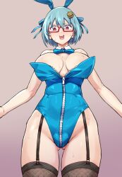 1girl animal_ears ass bare_shoulders blue_hair blue_leotard borrowed_character bow bowtie breasts burger_hair_ornament cleavage collarbone commentary_request depo_(typebaby505) detached_collar fake_animal_ears food-themed_hair_ornament glasses gluteal_fold hair_ornament hamburger-chan_(hundredburger) highres leotard medium_breasts nervous original playboy_bunny rabbit_ears red-framed_eyewear red_eyes semi-rimless_eyewear smile solo strapless strapless_leotard sweat tears wardrobe_malfunction 