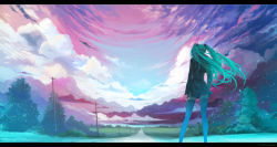 1girl arsenixc cloud from_behind green_hair hatsune_miku highres horizon letterboxed long_hair perspective power_lines road scenery sky solo standing thighhighs twintails vocaloid wallpaper zettai_ryouiki rating:Sensitive score:13 user:danbooru