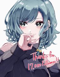  1girl absurdres aqua_hair bang_dream! black_sweater blush bow braid clothing_cutout commentary_request ear_piercing earrings green_eyes hair_bow highres hikawa_hina jewelry long_sleeves looking_at_viewer nuruponnu piercing short_hair shoulder_cutout side_braids sidelocks simple_background solo stud_earrings sweater thank_you turtleneck turtleneck_sweater upper_body white_background yellow_bow 