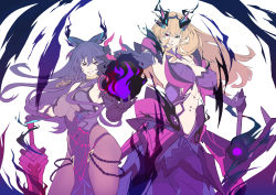  2girls abs absurdres armor ass aura blonde_hair bodysuit bow breasts cosplay costume_switch covered_navel dark_aura date_a_live dress barghest_(fate) fate/grand_order fate_(series) green_eyes hair_bow hair_ornament heterochromia highres huge_breasts inoue_marina john48625555mkii long_dress multiple_girls muscular muscular_female orb outstretched_hand purple_hair red_eyes simple_background sword thighs voice_actor_connection weapon white_background wide_hips yatogami_tooka 