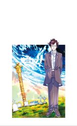  1boy amano_kozue arms_behind_back autumn black_footwear black_hair black_suit blue_sky character_request copyright_request formal gradient_sky graveyard highres looking_down non-web_source pensive sky standing suit tombstone 