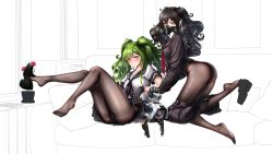  2girls absurdres ass black_footwear black_gloves black_hair black_legwear black_neckwear black_shirt black_skirt blush breasts closed_mouth clothes_pull collarbone couch dinergate_(girls&#039;_frontline) feet full_body girls&#039;_frontline gloves green_hair grey_eyes highres legs legs_up lips long_hair looking_at_viewer m950a_(girls&#039;_frontline) mask medium_breasts multiple_girls no_shoes panties pantyhose red_neckwear scarecrow_(girls&#039;_frontline) school_uniform serafuku shirt shoe_dangle shoes simple_background sitting skirt skirt_pull soles thighs toes twintails underwear von.franken white_shirt yellow_eyes  rating:Sensitive score:24 user:danbooru