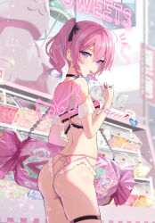  1girl animal_ears bare_shoulders black_choker blurry blurry_background breasts candy choker detached_sleeves food frilled_panties frills highres holding holding_candy holding_food holding_lollipop lollipop looking_at_viewer looking_back omelet_tomato original panties pink_hair pink_sailor_collar purple_eyes revealing_clothes sailor_collar shirt small_breasts solo thigh_strap twintails underboob underwear white_shirt  rating:Sensitive score:10 user:danbooru