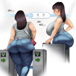 1girl ass bad_id bad_twitter_id bare_shoulders black_eyes black_hair blush breasts curvy english_text highres huge_ass huge_breasts long_hair original parted_lips plump stuck thick_thighs thighs toroboro wide_hips rating:Sensitive score:84 user:niabot