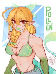  0rcazone 1girl absurdres bikini blonde_hair braid breasts character_name cleavage collarbone colored_mouth commentary english_commentary fangs green_bikini hair_between_eyes head_wings highres long_hair looking_at_viewer monster_girl nijisanji nijisanji_en open_mouth original pointy_ears pollen_(0rcazone) red_eyes side_braid simple_background skin_fangs solo swimsuit tail upper_body white_background wings 