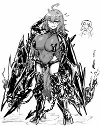  2girls ahoge anger_vein arm_armor arm_behind_head armored_leotard bodystocking boobplate breastplate breasts chibi chibi_inset cleavage covered_navel geist43195783 goddess_of_victory:_nikke greyscale hair_between_eyes hair_intakes huge_breasts leg_armor liberalio_(nikke) long_hair mechanical_tail monochrome multiple_girls nihilister_(nikke) see-through see-through_cleavage sharp_teeth sidelocks sketch tail teeth torn_bodystocking torn_clothes 