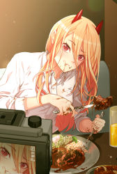 +_+ 1girl :t blonde_hair blush breasts broccoli camera chainsaw_man clenched_hand closed_mouth collared_shirt commentary cross-shaped_pupils cup day demon_horns drink eating eyelashes food food_on_clothes food_on_face fork hair_between_eyes highres holding holding_fork holding_knife horns indoors knife light_particles long_hair looking_at_viewer medium_breasts messy nukisabi pasta plate power_(chainsaw_man) raised_eyebrow recording red_eyes shirt solo spaghetti stain stained_clothes steak straight_hair sunlight symbol-shaped_pupils upper_body white_shirt wing_collar rating:General score:14 user:danbooru