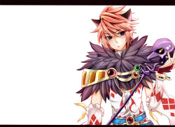  1boy animal_ears argyle argyle_clothes argyle_shirt bangle belt blue_belt blush bracelet cat_boy cat_ears closed_mouth commentary_request detached_sleeves expressionless fur_collar hair_between_eyes highres holding holding_staff jewelry lanmei_jiang letterboxed long_bangs looking_at_viewer male_focus messy_hair pink_hair pointy_ears purple_eyes ragnarok_online shirt short_hair simple_background skull solo sorcerer_(ragnarok_online) staff textless_version upper_body v-shaped_eyebrows variant_set white_background white_shirt white_sleeves 