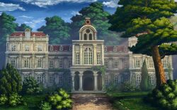 arched_window blue_sky bush cloud cobblestone game_cg justinas_vitkus landscape leaf mansion no_humans official_art outdoors overgrown path plant road ruined_western_mansion ruins sky sunlight third-party_source touhou touhou_cannonball tree vines window