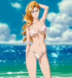  00s 1girl armpits arms_up beach bikini bleach blue_eyes breasts cleavage day large_breasts long_hair matsumoto_rangiku ocean orange_hair outdoors screencap solo stitched swimsuit third-party_edit underboob undersized_clothes  rating:Questionable score:109 user:danbooru