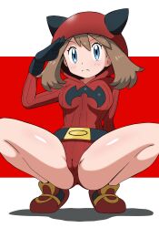  1girl belt black_belt black_gloves blue_eyes breasts brown_hair cameltoe cleft_of_venus closed_mouth commentary_request creatures_(company) eyelashes fake_horns frown game_freak gloves hand_up highres hood hood_up hooded_leotard horns leotard may_(pokemon) nintendo partially_visible_vulva pokemon pokemon_oras red_footwear red_leotard ribbed_leotard salute shiny_skin shoes solo split_mouth spread_legs squatting team_magma team_magma_uniform tonbi_(enbitonbi) 