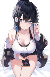  1girl absurdres bare_shoulders bed_sheet black_hair black_jacket black_shorts blue_eyes breasts cellphone cleavage closed_mouth collarbone commentary_request dolphin_shorts drawstring earphones expressionless from_above gradient_eyes hand_up highres holding holding_earphones jacket large_breasts leaning_forward long_hair looking_at_viewer micro_shorts multicolored_eyes off_shoulder open_clothes open_jacket original partial_commentary phone ponytail purple_eyes shirt short_shorts shorts sidelocks sitting skindentation sleeveless sleeveless_shirt smartphone solo sports_bra sweat thighs timmoo white_shirt white_sports_bra 