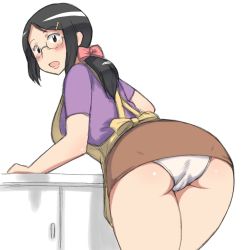  1girl aaaa_(quad-a) apron ass bad_id bad_pixiv_id black_hair bow cameltoe from_behind glasses hair_bow highres long_hair looking_at_viewer looking_back open_mouth original panties ponytail skirt smile solo underwear  rating:Sensitive score:72 user:danbooru