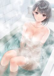  1girl absurdres bathing bathroom bathtub black_hair blue_reflection breasts closed_mouth collarbone convenient_censoring expressionless from_above highres indoors kishida_mel nude partially_submerged purple_eyes shirai_hinako short_hair small_breasts solo steam steam_censor tile_wall tiles wet 