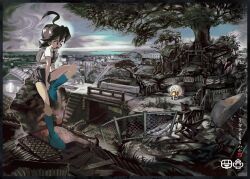  1girl 1other ahoge backpack bag black_eyes black_hair cityscape creature fantasy fence kawaguchi_youhei looking_at_another open_mouth original outdoors short_hair sitting skirt sky solo_focus tree waving 
