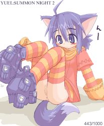1girl animal_ears anus blush cat_ears cat_tail cleft_of_venus clothes_pull gloves ikkyuu loli no_panties oekaki purple_eyes purple_hair pussy shorts shorts_pull simple_background socks solo striped_clothes striped_socks summon_night summon_night_2 tail thighhighs uncensored yuel rating:Explicit score:15 user:Tom23