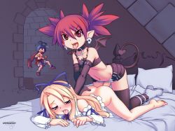  1boy 1futa 1girl ^^^ ass barefoot bed blonde_hair blue_hair blush boots bottomless choker demon_tail demon_wings detached_sleeves disgaea doggystyle elbow_gloves etna_(disgaea) fangs flat_chest flonne futa_with_female futanari gloves highres laharl loli miniskirt nippon_ichi open_mouth penis pointy_ears red_eyes red_hair red_shorts sex sex_from_behind shorts skirt spiked_hair tail thighhighs tongue uncensored utilizator vaginal wings yuri  rating:Explicit score:481 user:danbooru