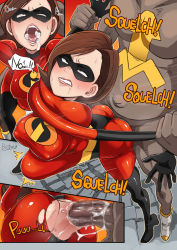  1boy 1girl ahegao anal ass ass_cutout bent_over bodysuit breasts brown_hair butcha-u censored clothed_female_nude_male clothing_cutout covered_erect_nipples cum cum_in_mouth elastigirl helen_parr hetero highres huge_penis large_breasts large_insertion mask mature_female no_panties nude open_mouth penis prolapse rape restrained rough_sex skin_tight stomach_bulge superhero_costume the_incredibles torn_clothes  rating:Explicit score:186 user:jojosstand