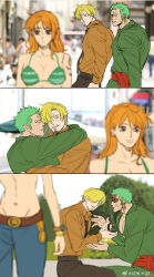  1girl 2boys anger_vein arms_around_neck bara bisexual_male blurry blurry_foreground bra breasts cleavage curly_eyebrows distracted distracted_boyfriend_(meme) facial_hair feet_out_of_frame goatee_stubble green_hair green_kimono highres japanese_clothes kimono large_breasts looking_at_another marriage_proposal medium_breasts meme multiple_boys muscular muscular_male nami_(one_piece) one_piece pants parody_request pectoral_cleavage pectorals roronoa_zoro sanji_(one_piece) scar scar_across_eye short_hair sparkle stubble sweetdou3 toned toned_male underwear upper_body yaoi 