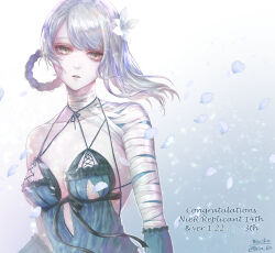  1girl anniversary bandaged_arm bandaged_neck bandages blue_background braided_hair_rings breasts commentary_request copyright_name english_text flower gradient_background hair_flower hair_ornament highres kaine_(nier) lingerie medium_breasts medium_hair negligee nier nier_(series) solo two-tone_background underwear upper_body wariko white_background white_flower white_hair yellow_eyes 