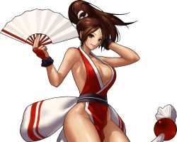 1girl armor breasts brown_eyes brown_hair cleavage hand_fan fatal_fury folding_fan hair_ribbon highres japanese_armor japanese_clothes king_of_fighters_xiii kote large_breasts long_hair ninja no_bra no_panties official_art ogura_eisuke pelvic_curtain ponytail revealing_clothes ribbon sash shiranui_mai sideboob smile snk solo the_king_of_fighters the_king_of_fighters_xiii transparent_background wristband rating:Sensitive score:61 user:danbooru