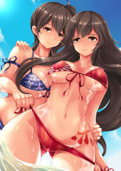 10s 2girls 3: aata1007 akagi_(kancolle) arm_grab assisted_exposure bikini bikini_pull blue_bikini breasts brown_hair clothes_pull day flag_print front-tie_top hand_on_another&#039;s_shoulder highres kaga_(kancolle) kantai_collection large_breasts long_hair multiple_girls navel print_bikini pulling_another&#039;s_clothes red_bikini rising_sun_flag short_hair side-tie_bikini_bottom side_ponytail striped_bikini striped_clothes sunburst swimsuit thigh_gap underboob untying wet wide_hips yuri rating:Questionable score:44 user:danbooru