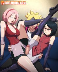  1boy 2girls age_difference bisexual_female blue_couch boruto:_naruto_next_generations breasts censored cooperative_grinding cum ejaculation erection feet_out_of_frame ffm_threesome flexible glasses_on_head grinding group_sex haruno_sakura highres indoors large_breasts large_penis mature_female mosaic_censoring mother_and_daughter multiple_girls naruto_(series) onee-shota open_mouth oyakodon_(sex) penis pink_hair reit scissorhold short_hair shota small_breasts threesome uchiha_sarada uzumaki_boruto  rating:Explicit score:381 user:jay19