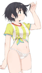  1girl adjusting_hair black_hair blush bow bow_panties breasts commentary_request cowboy_shot crotch_seam highres hololive k-go looking_to_the_side medium_breasts muffin_top navel no_pants oozora_subaru oozora_subaru_(1st_costume) panties revision shirt short_hair short_sleeves simple_background solo standing stomach striped_clothes striped_shirt thighhighs thighs tied_shirt underwear vertical-striped_clothes vertical-striped_shirt virtual_youtuber white_background white_panties white_thighhighs  rating:Sensitive score:40 user:danbooru