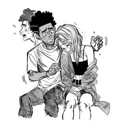  1boy 1girl afro clenched_teeth comforting crop_top crying dark-skinned_male dark_skin gwen_stacy highres jungyun99 leaning_on_person looking_at_another marvel miles_morales nervous off_shoulder shorts spider-man:_across_the_spider-verse spider-man_(series) spider-verse sweat teeth turning_head 