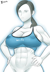  1girl alternate_breast_size areola_slip bottomless breasts colored_skin covered_erect_nipples greyimpaction highres large_breasts looking_down navel nintendo nipple_piercing nipples no_bra out-of-frame_censoring piercing ponytail shirt simple_background solo white_skin wii_fit wii_fit_trainer wii_fit_trainer_(female)  rating:Questionable score:50 user:Vardigiil