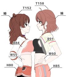  2girls abs absurdres black_sports_bra breast_press breasts brown_hair clothes_lift commentary_request eye_contact from_side gakuen_idolmaster hanami_saki hanami_ume hand_on_own_hip height highres idolmaster long_hair looking_at_another medium_breasts muhoho_ku multiple_girls pink_sports_bra profile shirt_lift siblings simple_background sisters smile sports_bra stomach symmetrical_docking three_sizes white_background 