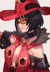  1girl arc_system_works armpit_peek bare_shoulders black_hair bob_cut breasts choker cleavage closed_mouth collarbone glasses guilty_gear guilty_gear_xrd hat hungry_clicker i-no large_breasts lips medium_hair mole mole_under_eye o-ring o-ring_top orange-tinted_eyewear orange-tinted_glasses sideboob simple_background solo sunglasses tinted_eyewear witch_hat  rating:Sensitive score:26 user:danbooru