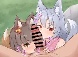  1boy 2girls :3 ^^^ animal_ear_fluff animal_ears bar_censor bell blunt_bangs blush brown_eyes brown_hair censored clothed_female_nude_male commentary_request dougi erection ffm_threesome foliage fox_ears fox_girl fox_tail grass grey_hair group_sex hair_bell hair_between_eyes hair_ornament half-closed_eyes heart heavy_breathing highres japanese_clothes jingle_bell kamuro_(mon-musu_quest!) kazami_windy kimono kitsu_(mon-musu_quest!) loli looking_at_viewer mon-musu_quest! multiple_girls multiple_tails nude oral outdoors penis pov red_eyes red_kimono short_hair sound_effects squeezing_testicles sweatdrop tail testicle_sucking testicles threesome veins veiny_penis 