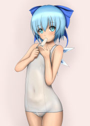 1girl bad_id blue_bow blue_eyes blue_hair blush bow cameltoe cirno collarbone covered_navel cowboy_shot dls dripping eating fairy fairy_wings food food_on_clothes grey_background hair_between_eyes hair_bow highres ice ice_cream ice_wings looking_at_viewer matching_hair/eyes melting one-piece_swimsuit popsicle school_swimsuit short_hair simple_background solo swimsuit thighs touhou white_one-piece_swimsuit wings rating:Sensitive score:15 user:danbooru