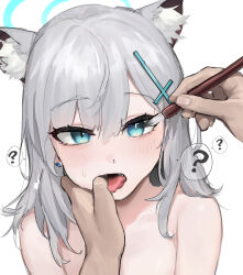 1boy 1girl ? animal_ears blue_archive blue_eyes finger_in_another&#039;s_mouth grey_hair maqin shiroko_(blue_archive) short_hair tongue tongue_out upper_body white_background wolf_ears
