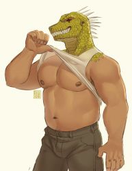 1boy abs absurdres bara bare_pectorals belly bulge caiman_(dorohedoro) clothes_lift dilukha_(nyaalgebra) dorohedoro furry furry_male green_scales grey_pants highres large_pectorals lifted_by_self lizardman male_focus muscular muscular_male navel navel_hair nipples pants pectorals sharp_teeth shirt_lift solo spikes stomach tank_top teeth thick_thighs thighs white_tank_top rating:Sensitive score:5 user:danbooru