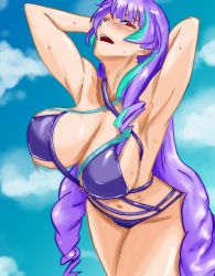  1girl arms_behind_head arms_up bikini blue_hair breasts fdillust highres large_breasts long_hair macross macross_delta mikumo_guynemer multicolored_hair purple_hair red_eyes solo swimsuit two-tone_hair very_long_hair  rating:Questionable score:10 user:fdillust