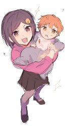  1boy 1girl aged_down baby_carry brother_and_sister brown_eyes carrot carrying commentary from_above full_body green_eyes highres juicelooped long_sleeves looking_at_viewer open_mouth orange_hair polka_dot project_sekai shinonome_akito shinonome_ena short_hair siblings simple_background white_background 
