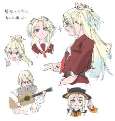  1girl acoustic_guitar black_hat blonde_hair blue_eyes blue_hair closed_eyes closed_mouth commentary cropped_torso disembodied_limb fang flower gradient_hair grey_shirt grin guitar hair_flower hair_ornament hand_on_own_hip haruruhaharur hat high_ponytail highres holding holding_guitar holding_instrument instrument light_blue_hair link!_like!_love_live! long_hair looking_at_viewer love_live! multicolored_hair multiple_views music neck_ribbon open_mouth orange_ribbon osawa_rurino parted_bangs partially_colored playing_guitar playing_instrument red_flower ribbon shirt simple_background smile smirk sparkle symbol-only_commentary teeth trick_&amp;_cute_(love_live!) twintails u_u upper_teeth_only v virtual_youtuber white_background white_flower 